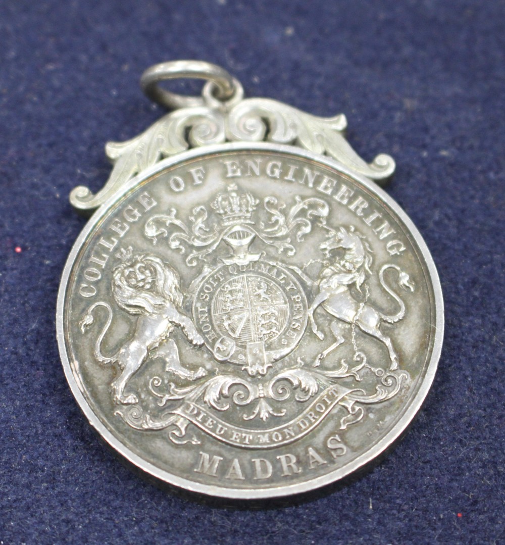 A silver Madra College of Engineering medal to Sgt. R. Hartley 1912, height 5cm